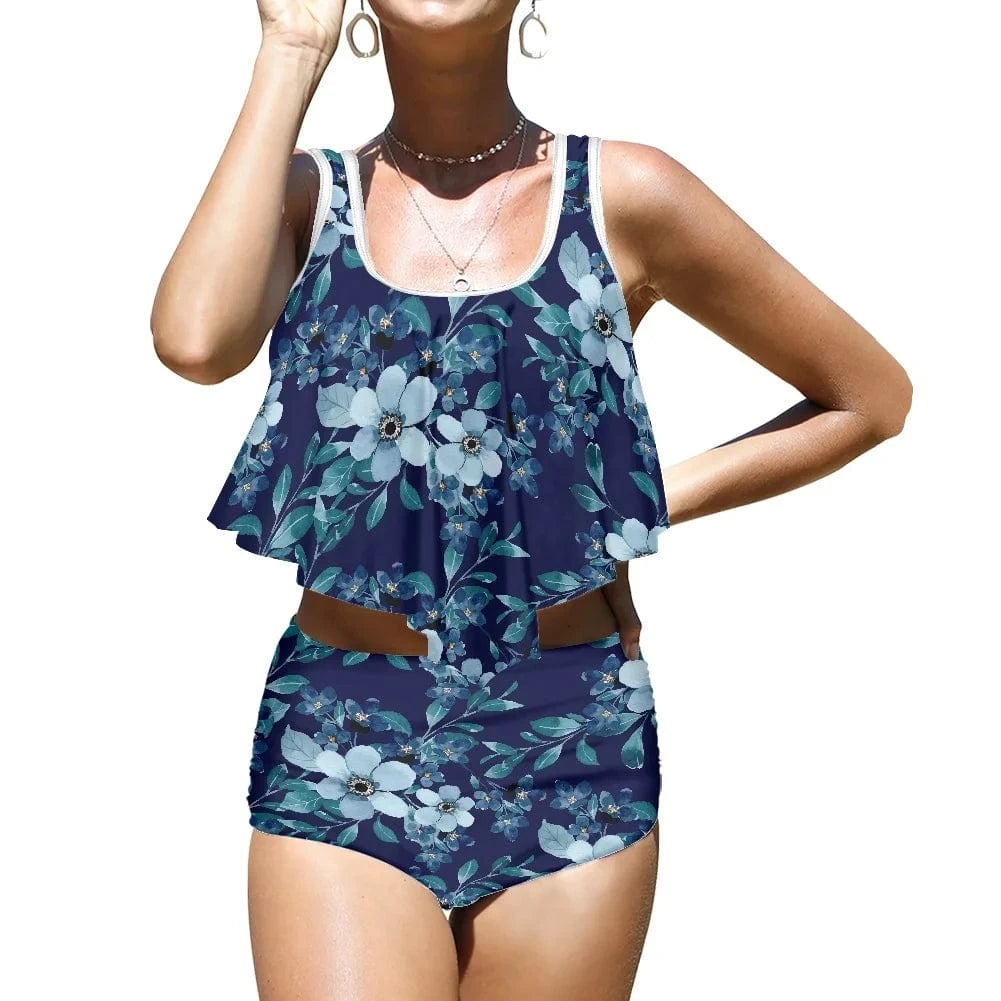 S / 4 Custom 1MOQ Women Swimsuits Vintage Samoan Tribal Print High Waist Top Ruffle Push Up Padded Bra Bathing Suit