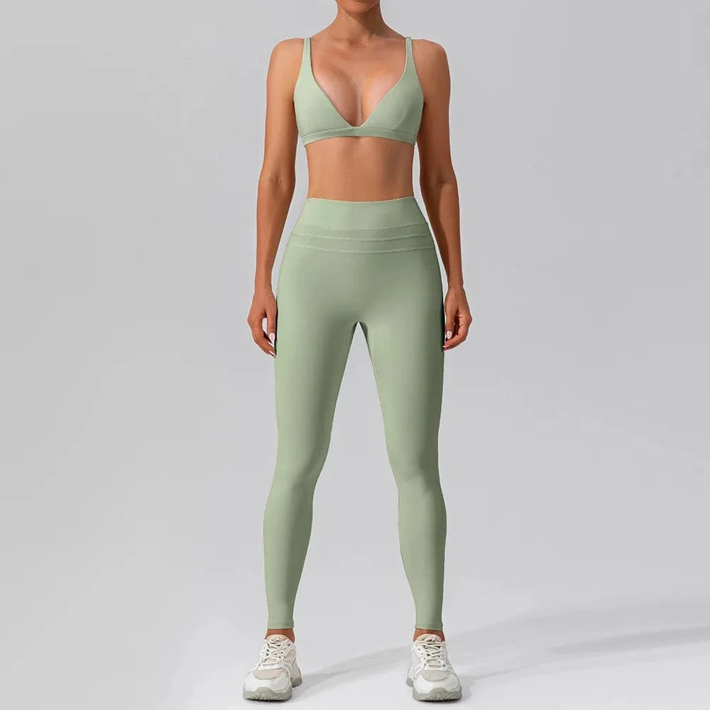 S/4 / Green. High Waist Women 2 Piece Fitness Front Deep V Bra Set Spandex Outfits High Waist Yoga Leggings Set