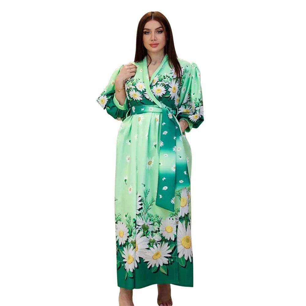 S / 4 ZHEZHE Dubai Arab 2024 Spring New Fashion Printed Print 5/4 Sleeve Robe Dress Elegant Maxi Casual Dress