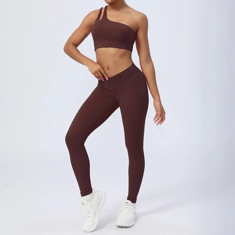 S / 5 2024 New Women Gym Yoga Set Sexy Breathable Single One Shoulder Yoga Bra And Elastic High Waist V Cut Leggings Gym Fitness Sets