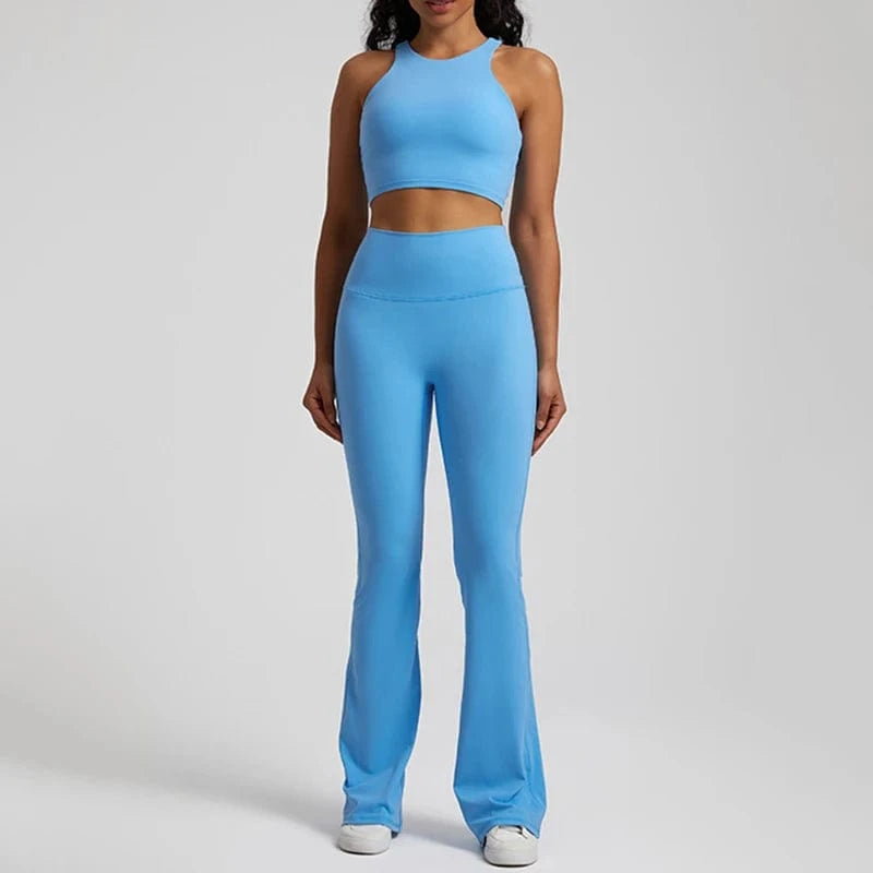 S / 7 Wholesale High Neck Racer Back Sports Bra Wide Leg Flared Pants No Front Seam Line Legging Workout Fitness Gym Wear Yoga Set