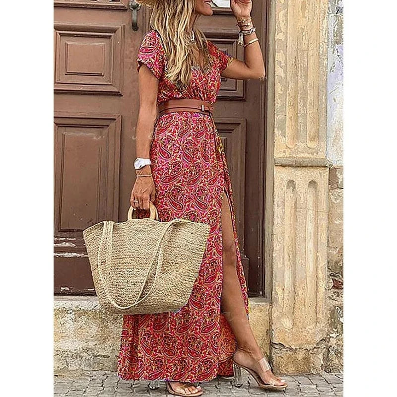 S / 9 2024 Spring and Summer Explosion Bohemian Printed V-Neck Floral Dress Seaside Beach Vacation Dresses