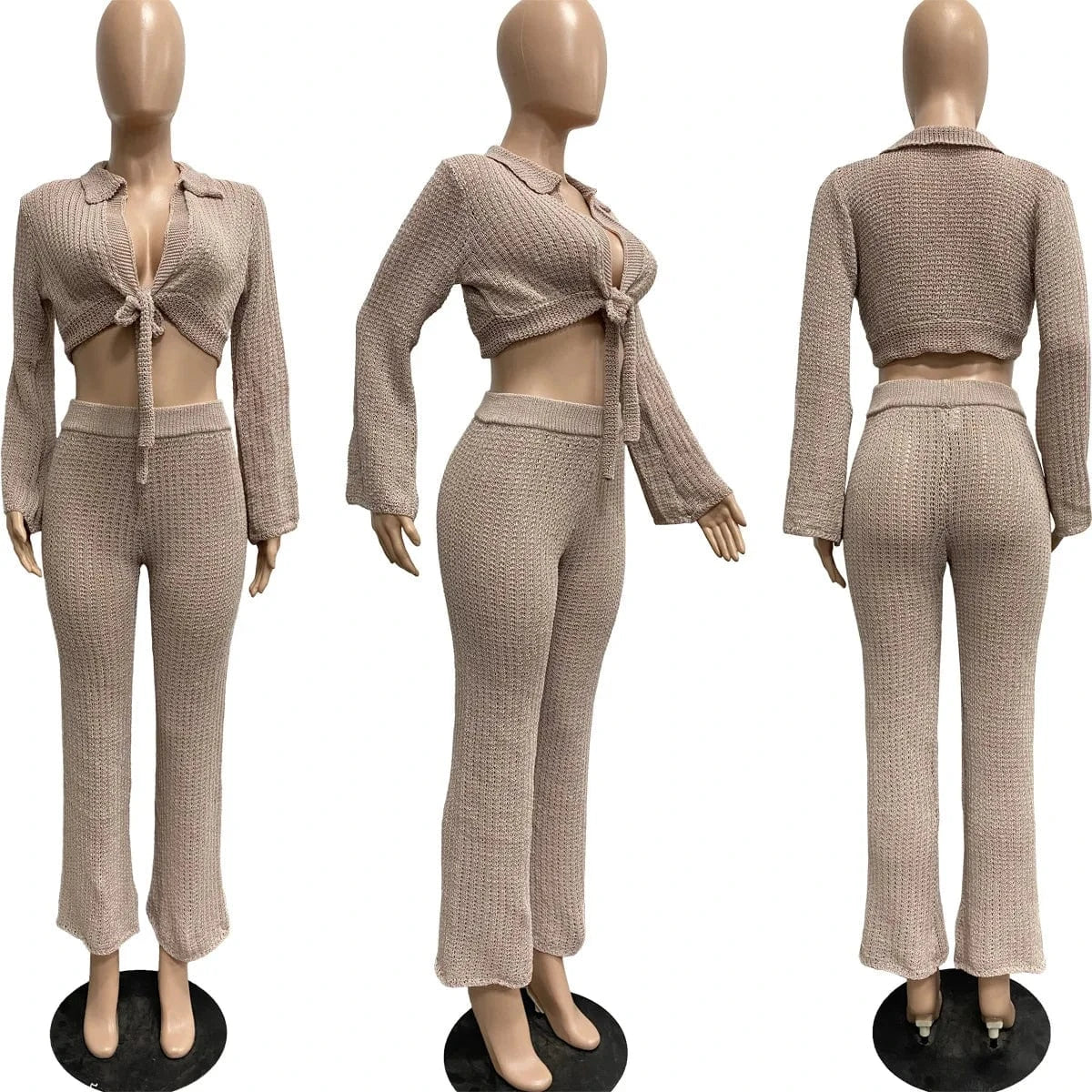 S / apricot Bomblook C113ST01 2024 Clothes For Women Outfits Solid Tie Up Top  With Pencil Pants Sexy Outfits Women Real Knit Two Piece Set