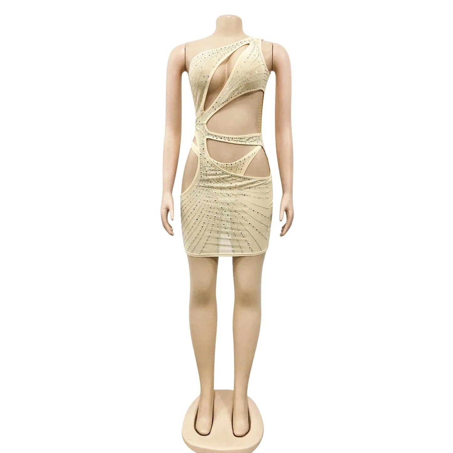 S / apricot Bomblook C117DS02 2024 Spring New Arrivals One Shoulder Outfits Cutout Outfits Party Club Beading Mini Mesh Dress With Underwear