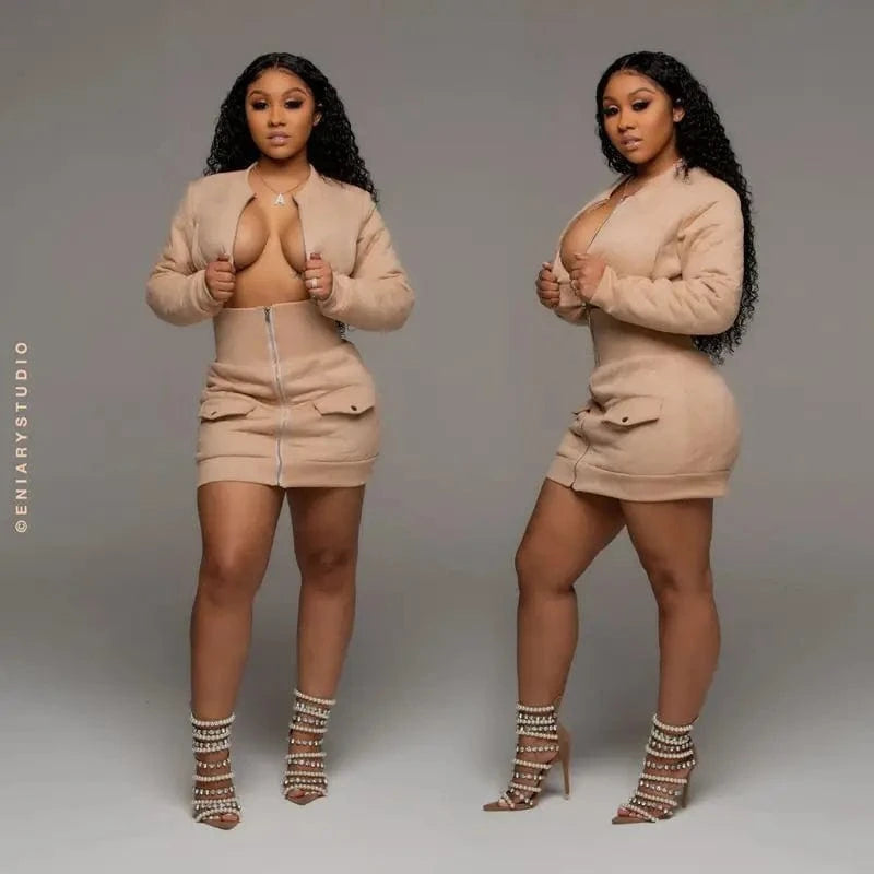 S / apricot Knit 2-piece sexy zipper miniskirt suit jacket short skirt suit winter collocation tight waist short skirt suit women