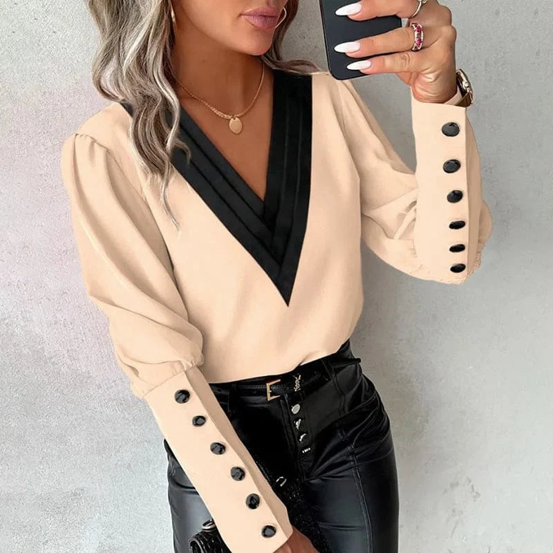 S / Apricot RNSHANGER Fashion White Blouse for Women Spring Long Sleeve V Neck Casual Pullover Elegant Office Lady Pink Tops Shirts