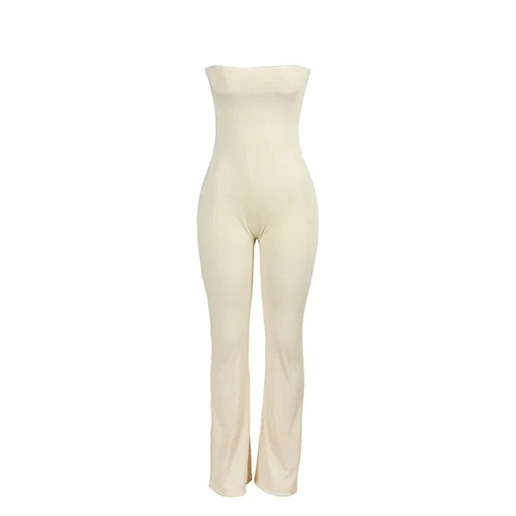 S / Apricot Solid Strapless Backless High Waist Flared Pants Playsuit Women Casual Slim Jumpsuit