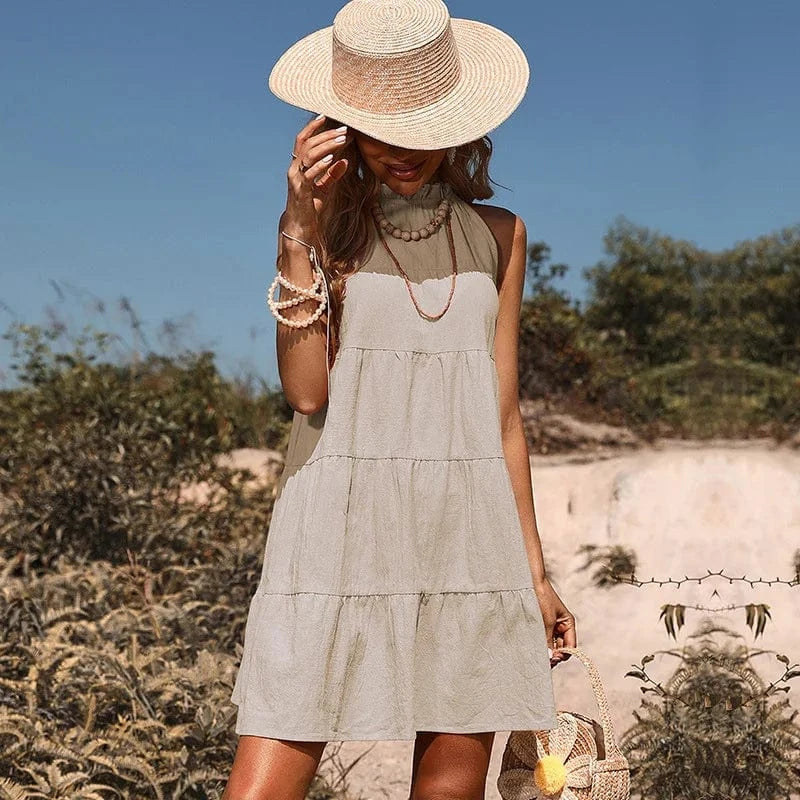 S / apricot Womens Dresses 2024 wholesale solid color cotton linen lace up loose ruffle women dresses casual summer