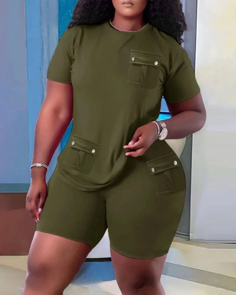 S / Army Green 2024 European and American oversized women's fashion casual home short sleeved shorts set
