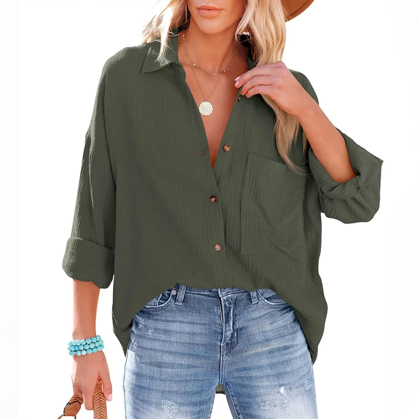 S / army green DAMOCHIC Spring Summer Blouse for Women Lady Casual 2023 Long Sleeve Blouses et chemises pour femmes Shirts Tops Fashion Blouses
