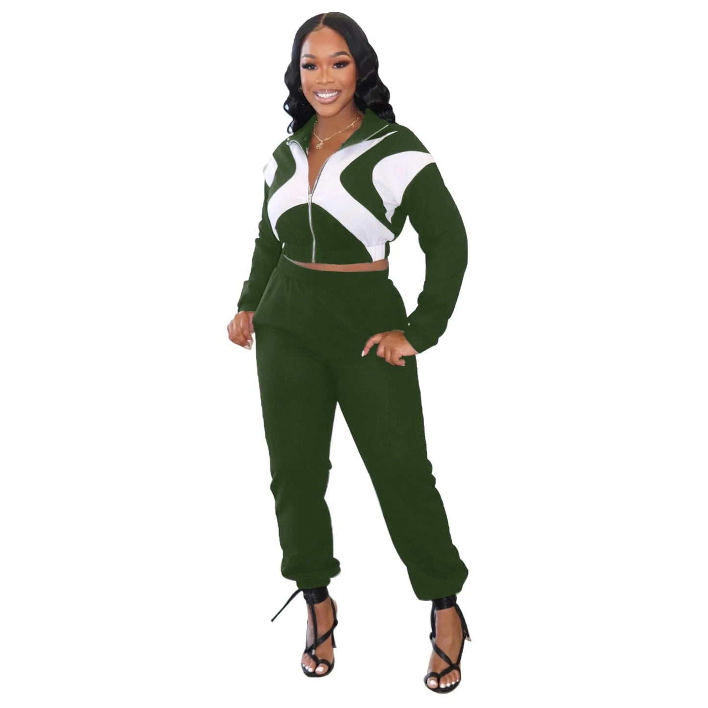 S / Army Green New Active Wear Women Outfits Set 2024 Patchwork Long Sleeve Jacket and Jogger Pants Suit 2 Two Piece Sets Tracksuit