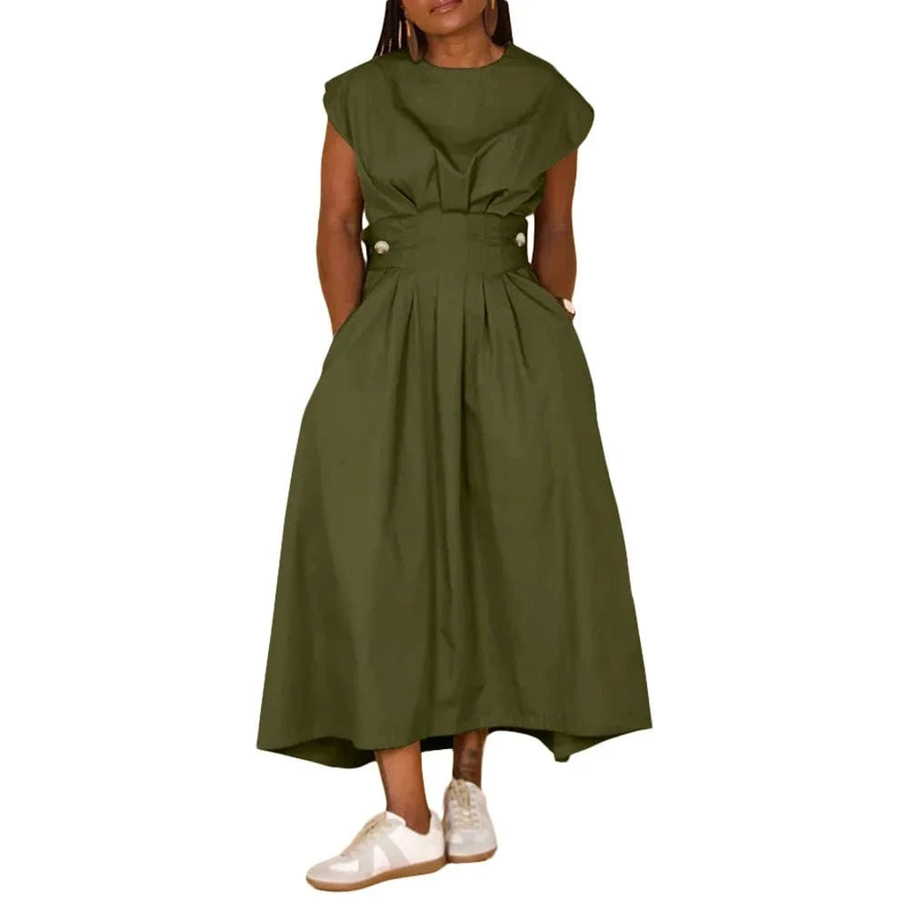 S / Army Green popular products 2024 stylish popular casual solid color round neck loose wide knitted nylon dress