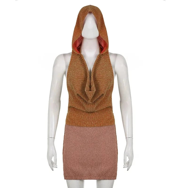 S / as pic Women Knitted Sleeveless Hooded Bodycon Dress Halter Backless Mini Casual Dresses For Women