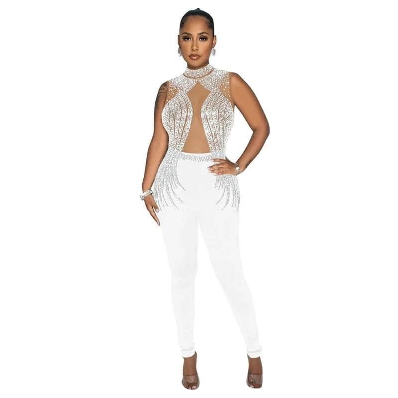 S / Beige 2024 women's elegant sexy chic black rhinestone crystal bead diamond wedding evening pants jumpsuit overall romper for ladies