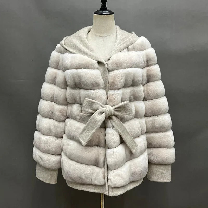 S / Beige Hot Sale Detachable Double Sides Wool Hooded Patchwork Rex Rabbit Fur Coat for Women