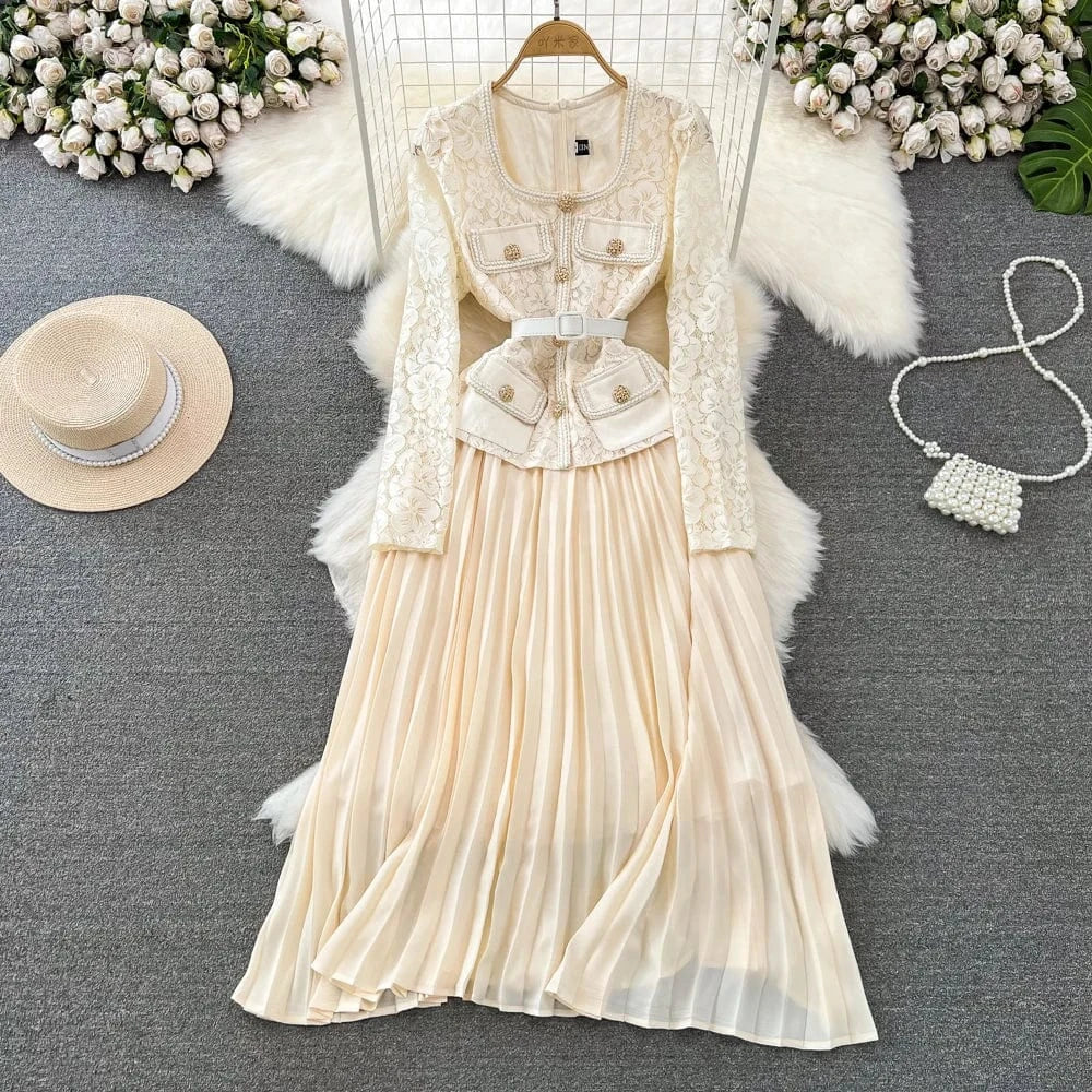 S / Beige Wholesale 2024 Autumn Temperament Two Piece Long Sleeve Square Neck Lace Spliced Waist A Line Large Fold Women's Dress