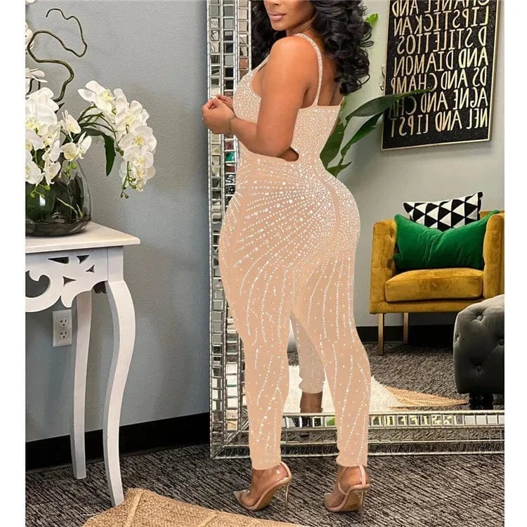 S / Beige Women Summer Patchwork Hollow Out Rhinestones Sleeveless Tight Clubwear Sexy Overalls