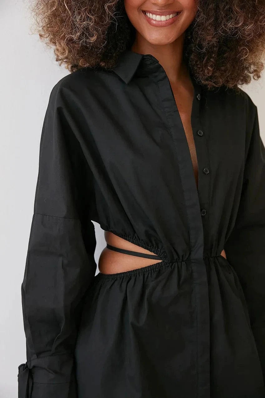 S / Black 2024 All Day Fashion Office Dresses Elegant Casual Cut-Out Waist Long Sleeve Shirt Women Cotton Black Dress