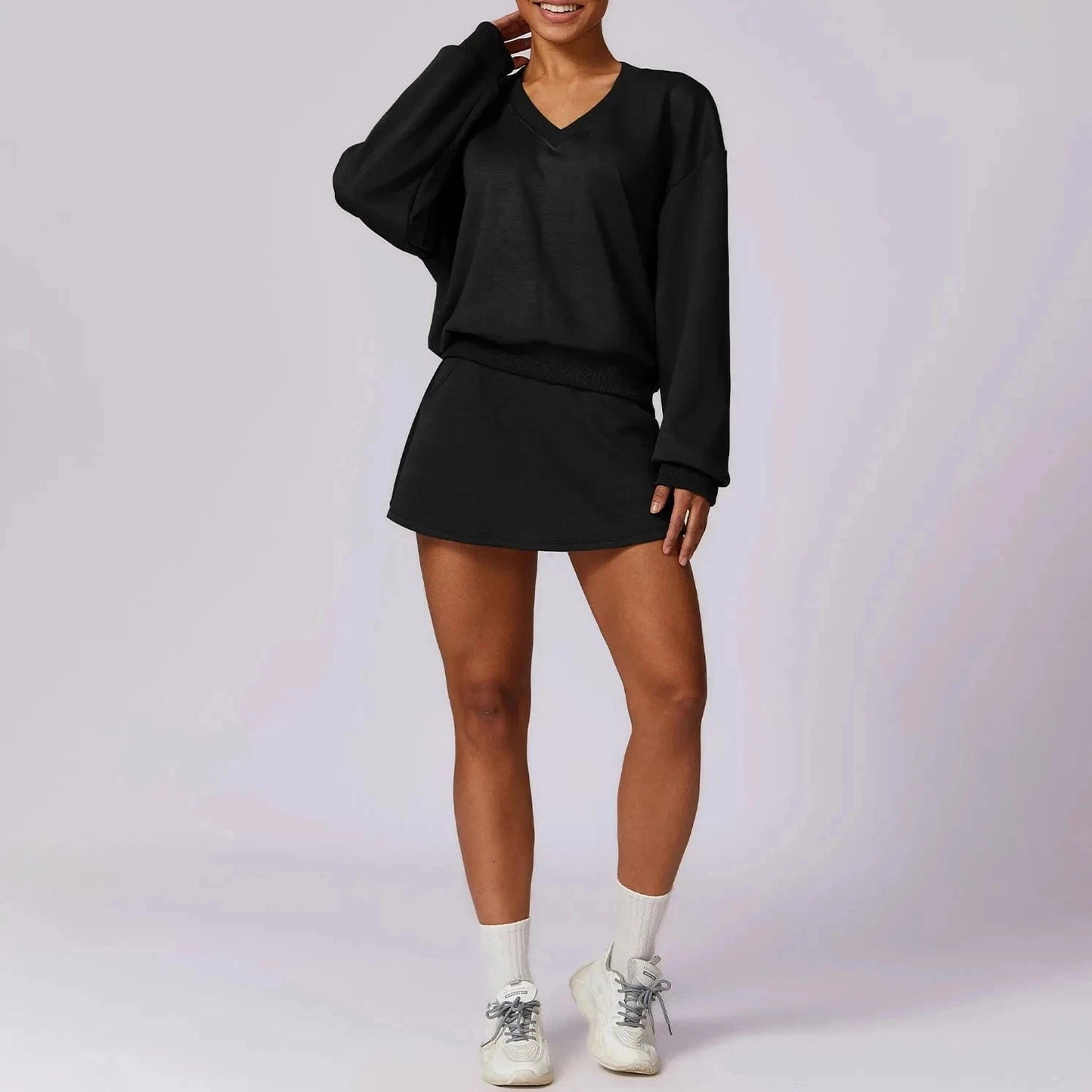 S / Black 2024 Custom Ladies Running Sports Golf Skirt 2 Piece Tennis Wear Suit Gym Wear With Lining Tennis Workout Set For Women