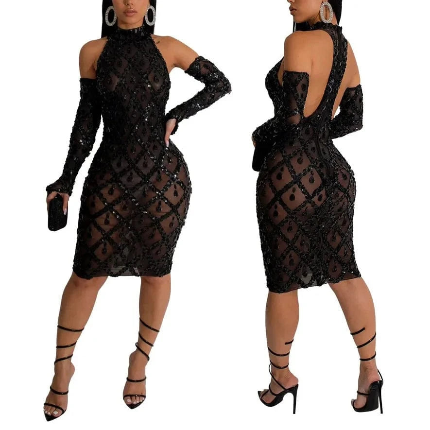 S / Black 2024 Hot Selling Bodycon Casual Sleeveless Dress Fashionable Hip Bag Sequin Dress With Gloves For Women