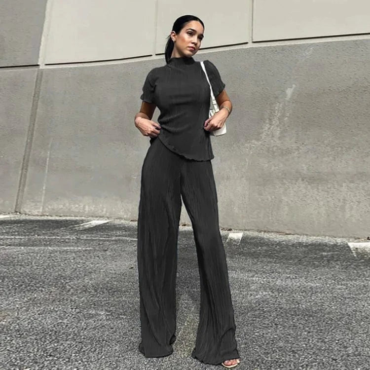 S / Black 2024 Hot Selling Summer Casual Loose Pleated Outfits 2 Piece Set Crop Top Matching Set Women Wide Leg Pants Two Piece Set