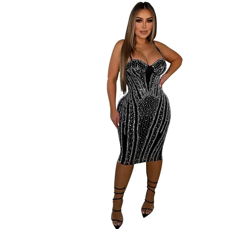 S / Black 2024 latex design luxury elegant large size women rhinestone beaded mesh tight black party evening midi dress for women