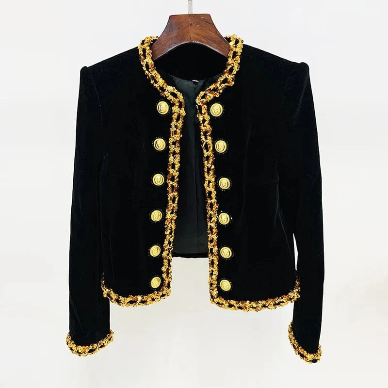 S / Black 2024 New Arrival Lady Fine Workmanship Sequins Coat O-neckline Long Sleeve Women Double-breasted Slim Short Jacket