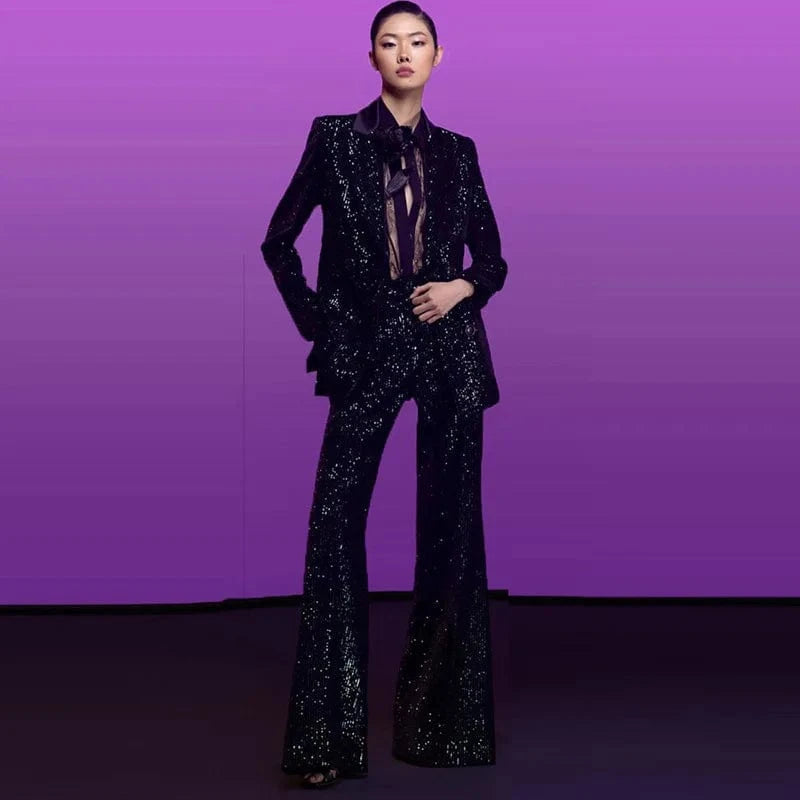 S / Black 2024 New Arrival Spring Fashion Velvet Sequin Double Breast Women Blazer Set