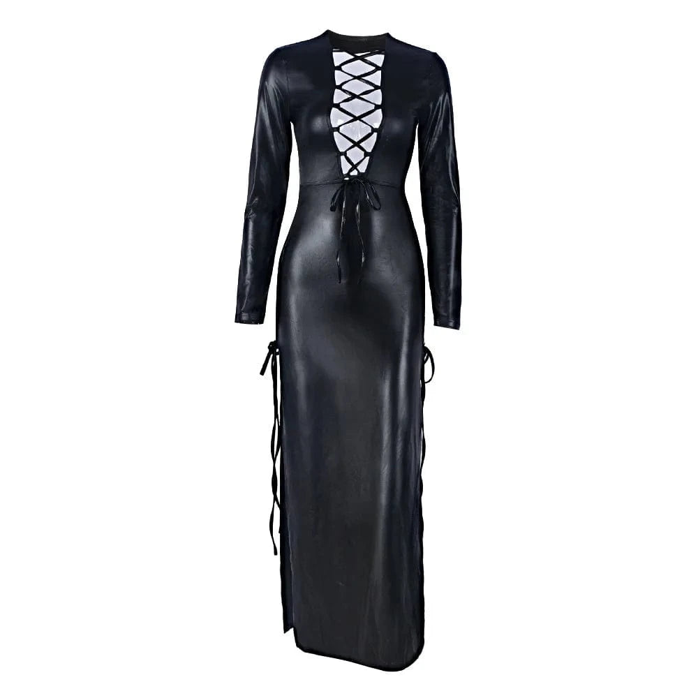 S / Black 2024 New Arrvivals Women Sexy Split Long Dress Lace Up Hollow Out Dress Fashion Pu Leather Bodycon Dresses