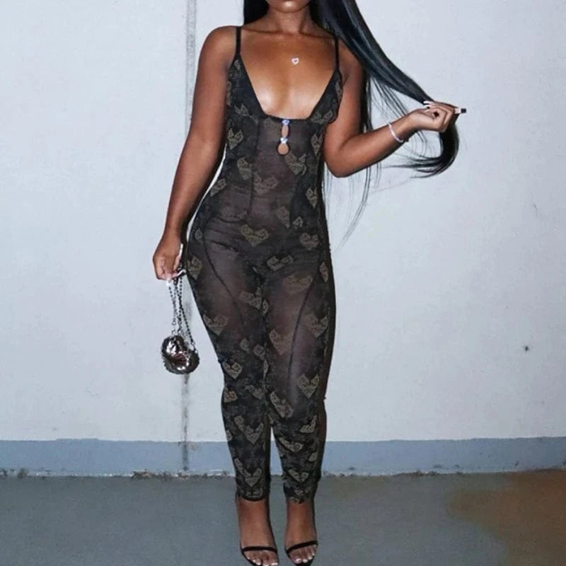S / Black 2024 New Trendy Mesh Sexy Jumpsuit Cute Heart Shape Printed Sleeveless Bodycon Rompers for Women