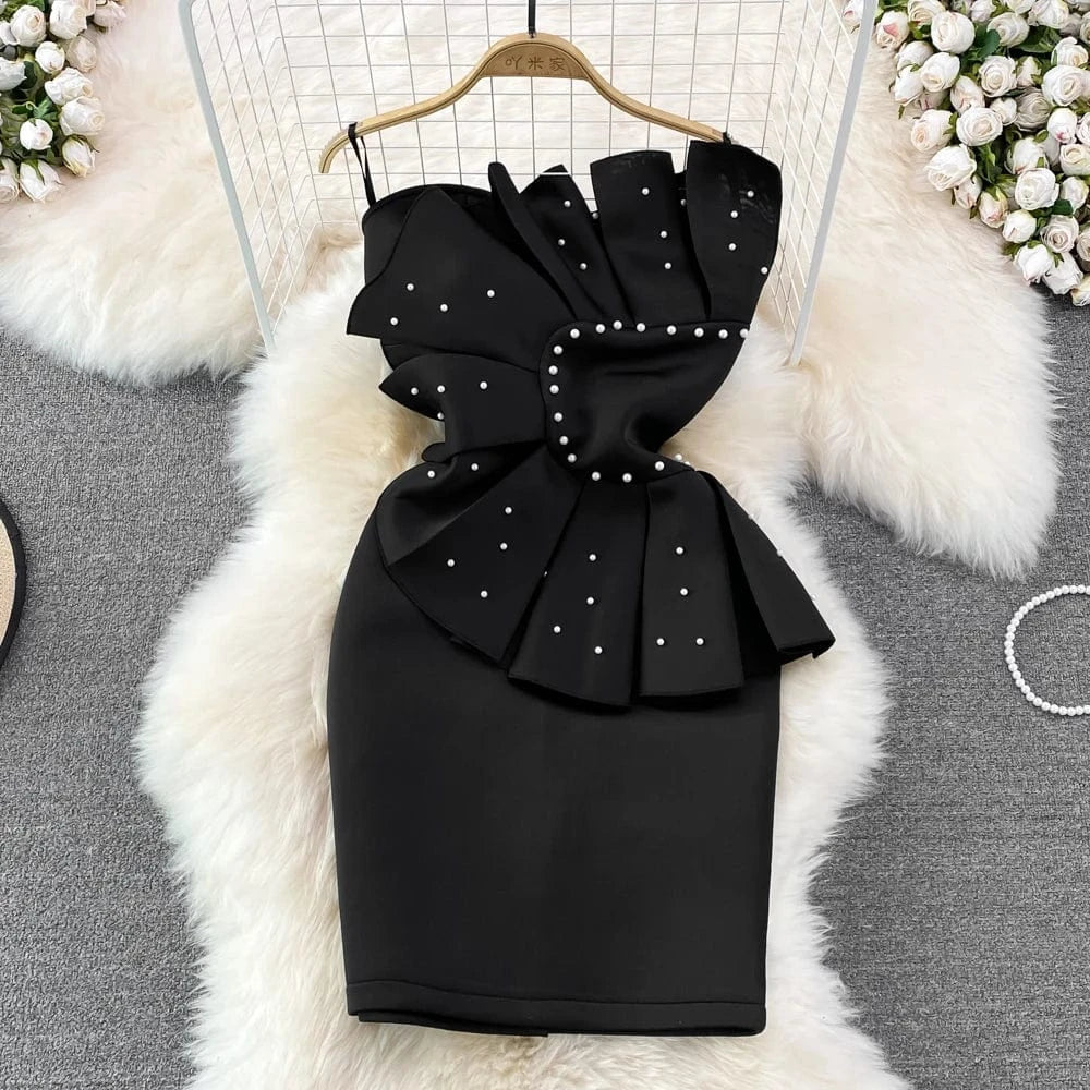 S / Black 2024 Spring Fashion Women Slim Sleeveless Beaded Pleated Sheath Split Halter Package Hip Gown Dresses