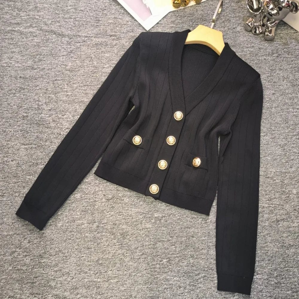 S / Black 2024 Spring New Arrival V-neck High Quality Single-breaseted Long Sleeve Sweater Knitted Slim Short Crop Top