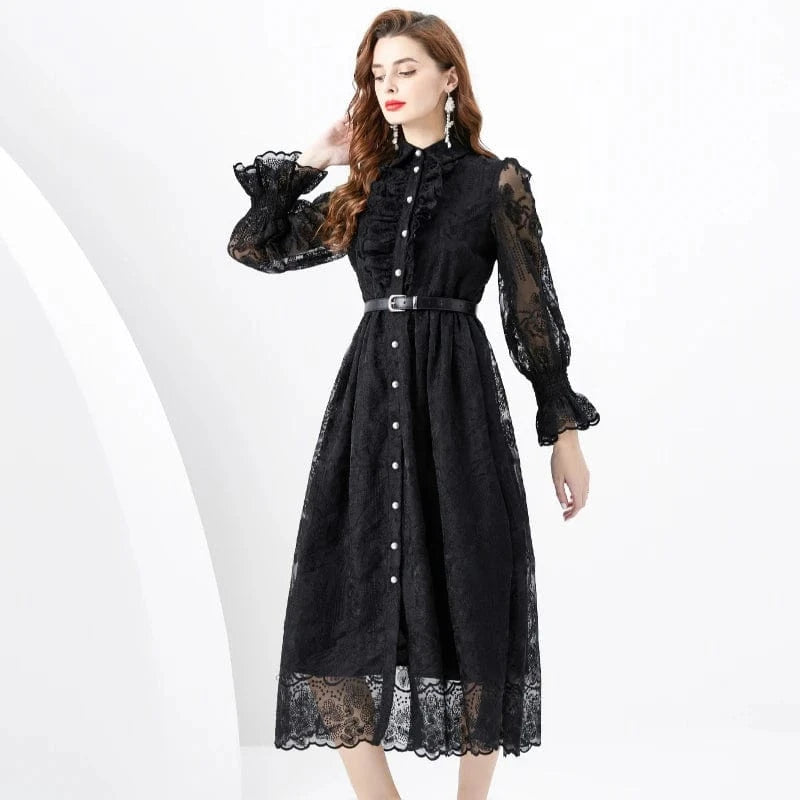 S / Black 2024 Spring/Summer Vacation Style Retro Polo Collar Single breasted Lace Embroidered Wide Swing Long Dress KL6279098