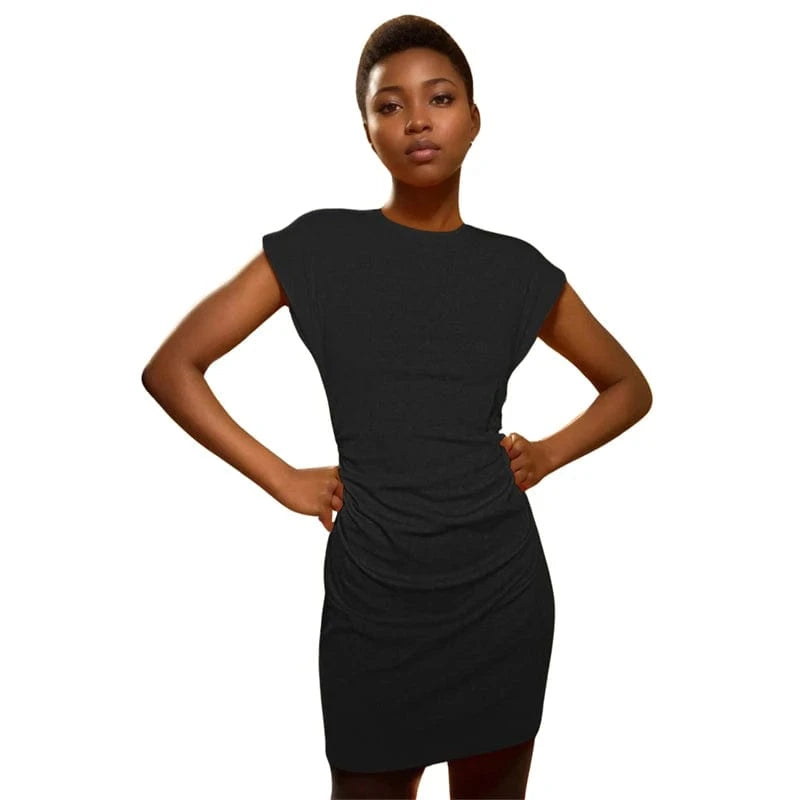 S / Black 2024 summer new arrival western work dress t shirt wholesale women office elegant short sleeve pleated mini dress for women
