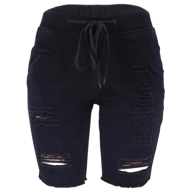 S / Black 2024 Summer Women's Skinny Jean Shorts Elasticized Frayed Denim Mid Waist Breathable and Washable Solid 3D Pattern