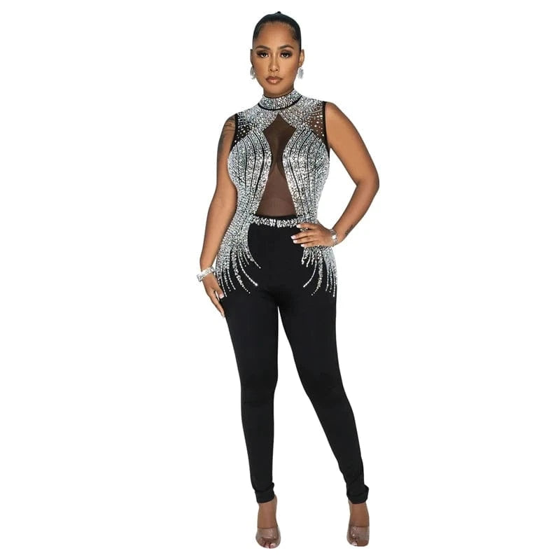 S / Black 2024 women's elegant sexy chic black rhinestone crystal bead diamond wedding evening pants jumpsuit overall romper for ladies