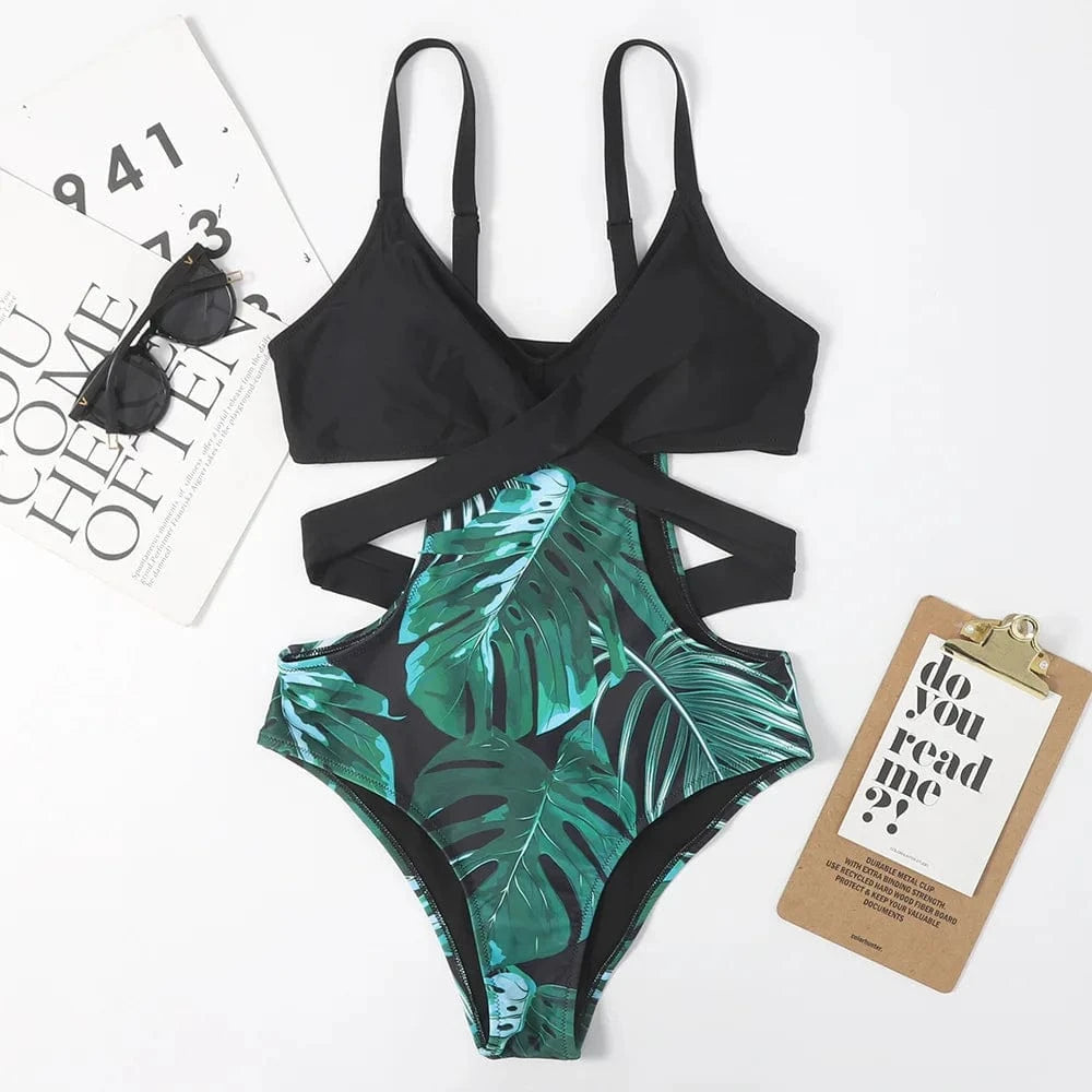 S / Black 2024 Womens Leaves Printed Bandage Hollow Slim Swimsuit Sexy Suspender Bikini Padded One-piece Swimsuit Bathing Suits