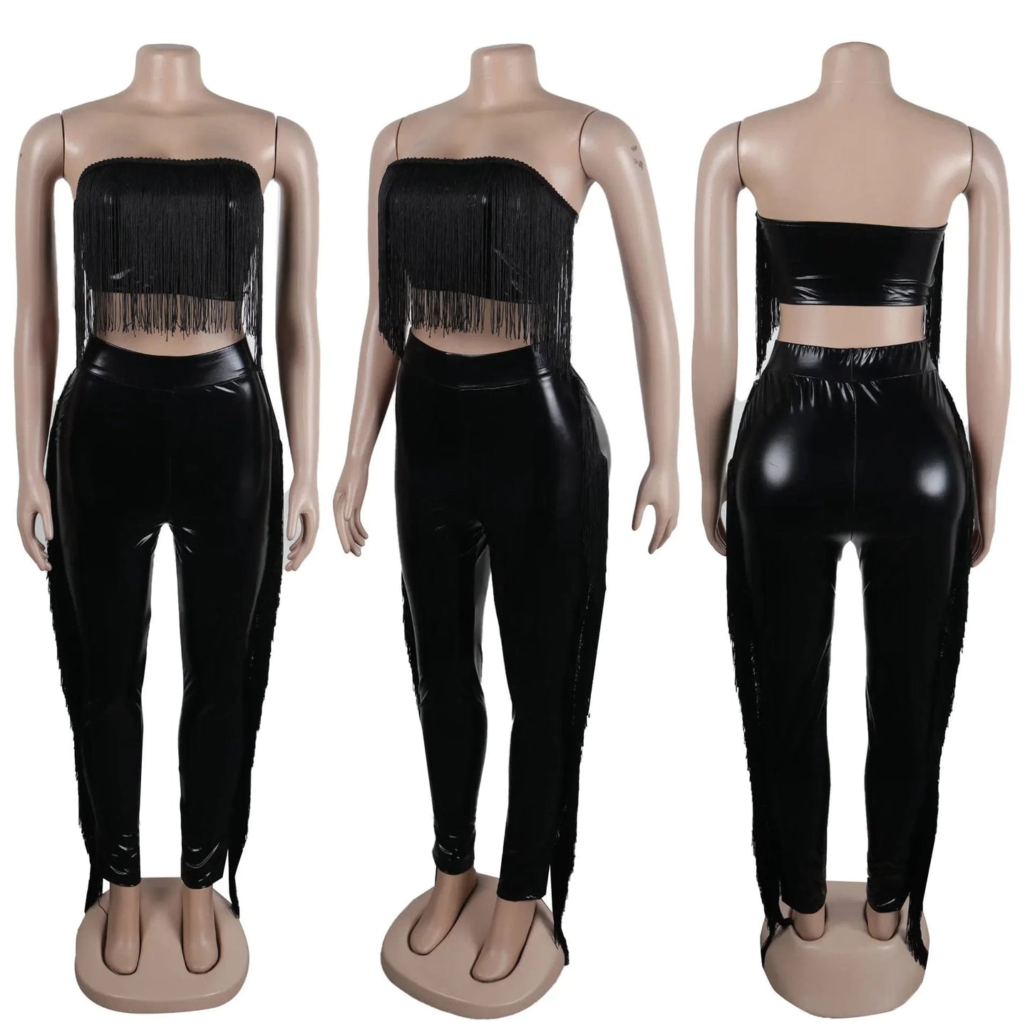 S / Black A7347 2024 New Tassels Patchwork Stretchy Leather 2 Piece Set Women Sexy Wrap Chest Tank Tops And Tight Pants Matching Set