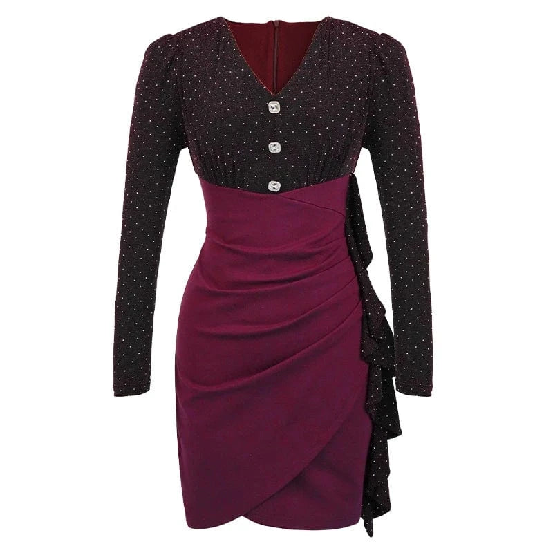S / Black and Purple ZYHT 50706 2024 Spring Fashion Polka Dot V Neck Ruffle Irregular Mini Dress Contrasting Colors High Waist Dress