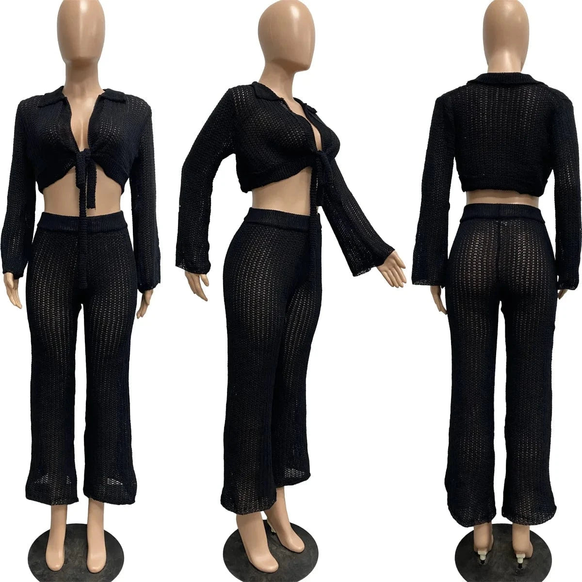S / Black Bomblook C113ST01 2024 Clothes For Women Outfits Solid Tie Up Top  With Pencil Pants Sexy Outfits Women Real Knit Two Piece Set