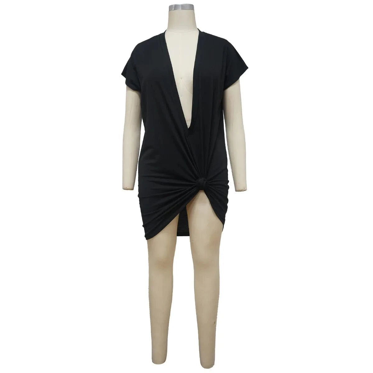 S / Black Bomblook C129DS Sexy Outfits Solid Women Party Club Dresses Short Sleeve Deep V Neck Mini Knotted Elegant Dress