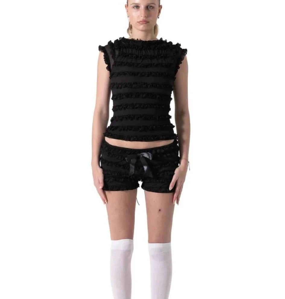 S / Black Bomblook Z802ST Sweet Spice Girl Wooden Ear Side Hollow Out Strappy Camisole Tank Top Women Summer Lace Pom Shorts 2 Piece