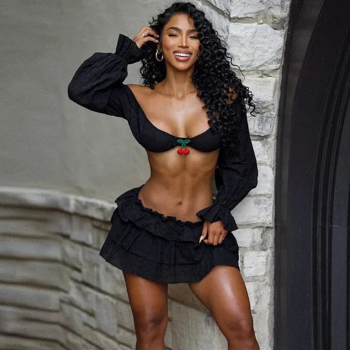 S / Black Bomblook Z816ST03 Outfits Women's Streetwear Casual 3D Cherry Decoration Longsleeve One Shoulder Top + Mini Skirt 2 Piece set