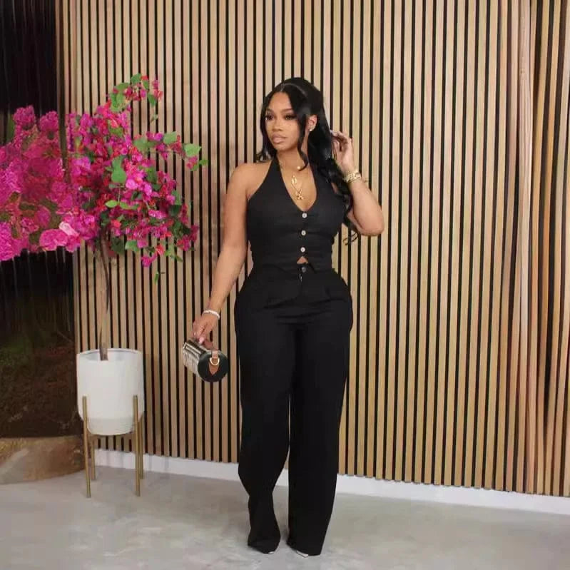S / Black Bomblook Z828ST03 Solid Color V-neck Halter Neck Suit Vest + Trousers Set Two-piece Suit