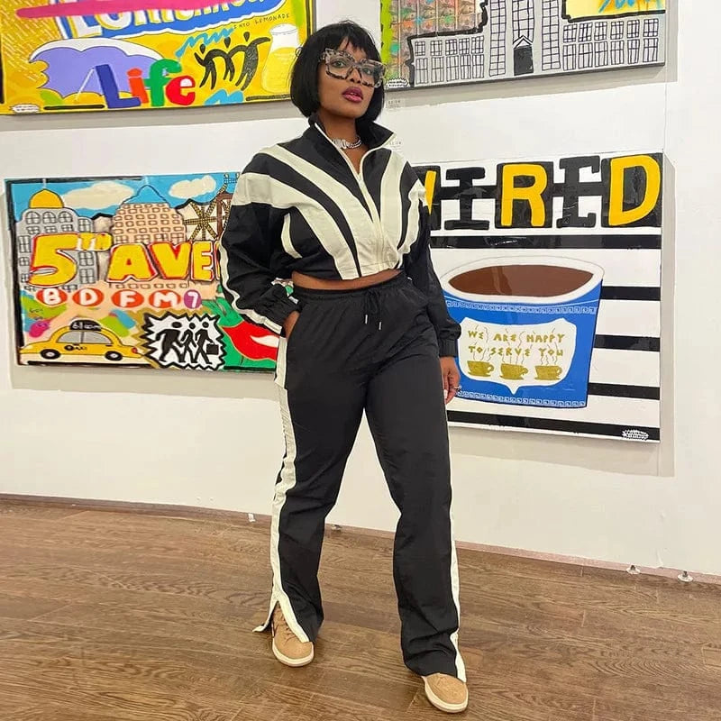 S / Black Casual Contrast Zipper Collar Long Sleeve Two Pieces Unique Stripe Tracksuit Woman Cotton High Quality Jogging Suits