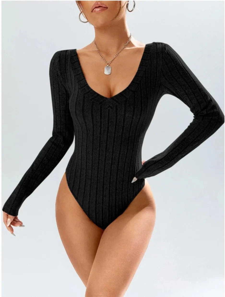 S / Black DAMOCHIC New Winter Ribbed Bodysuit Tops Long Sleeve Deep V Neck Knitted Bodysuits Skinny Sexy Fall Warm Women Thong Bodysuits