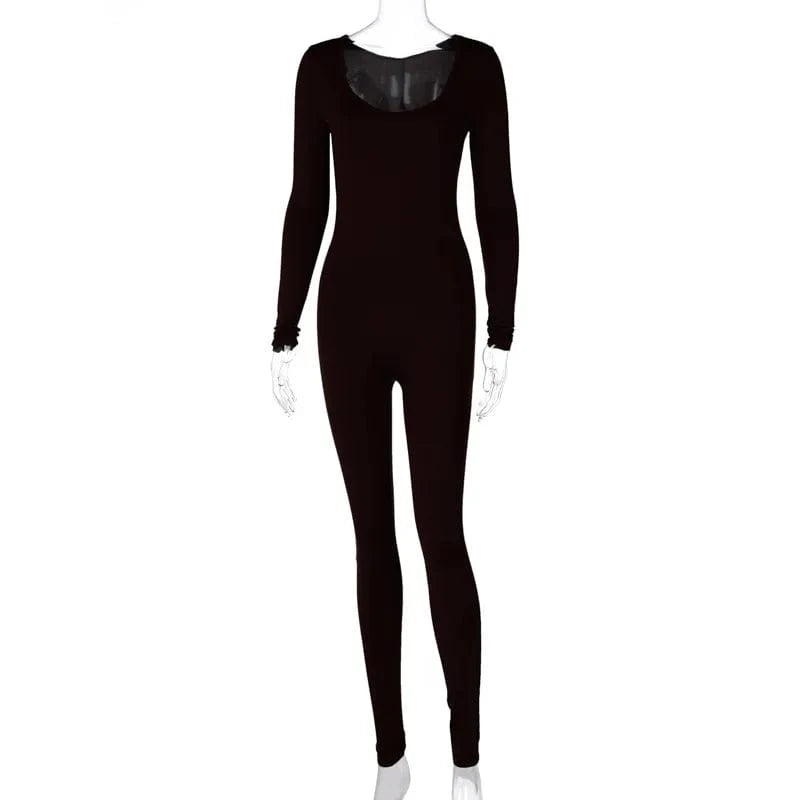 S / Black DAMOCHIC Women Modest Jumpsuits Skinny Long Sleeve Playsuit Spring Summer Jumpsuits Elegant Sexy Bodycon Bodysuit Jumpsuits