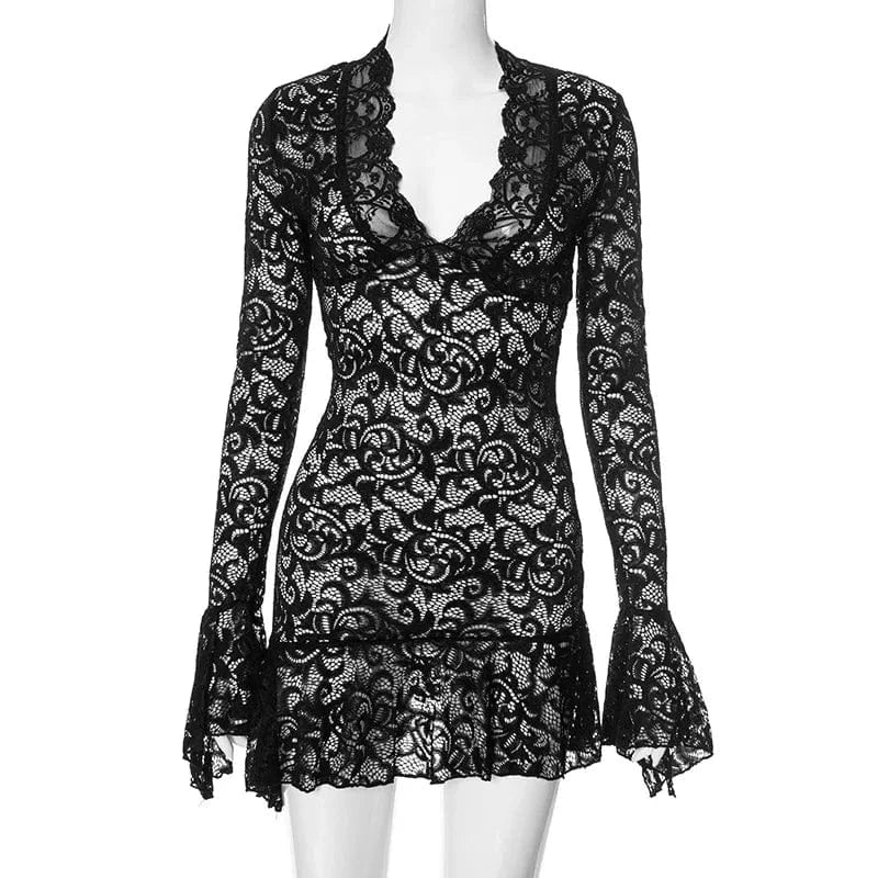 S / Black Dress latest dress designs new sexy v neck lace girls sexy dress wholesale long sleeve transparent casual evening dress