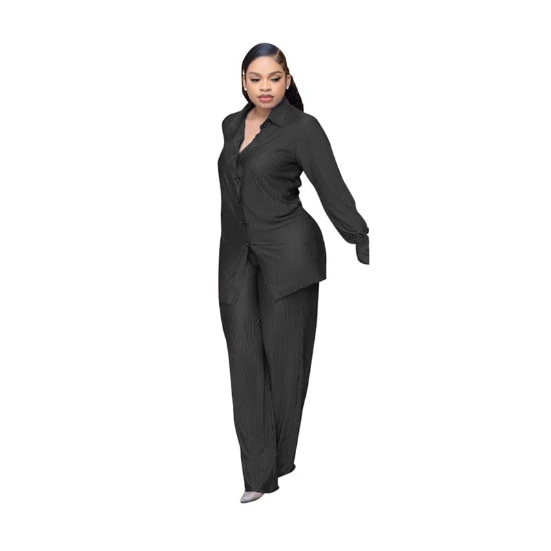 S / Black fall 2024 lady miyake pleated fabric african women two 2 piece long pleated shirt pant set 2024 clothes clothing for women 2022