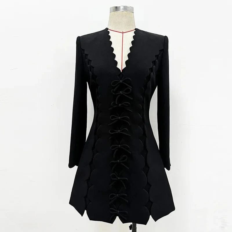 S / Black Fashion Elegant High Quality Black Party Casual Dresses 2024 Star With Wavy V-neck Bow Long Sleeve Dress Short Women's Dresses